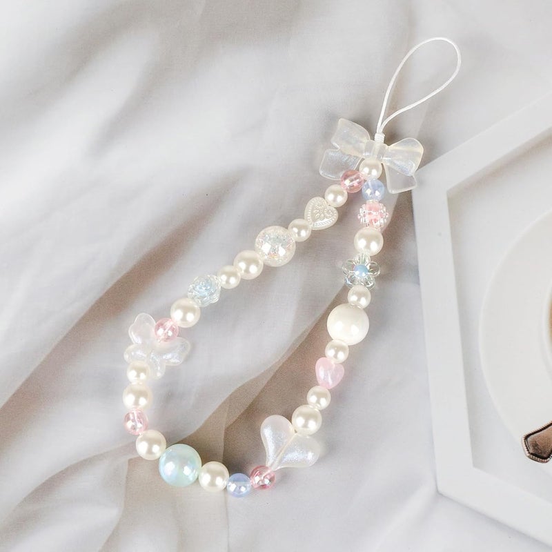 LUVI Beaded Phone Charm Lanyard Wrist Strap Love Heart Bow Beads Butterfly Chain Flower String Pearl Bling Bracelet Keychain Cute Fashion for Women - Image 2